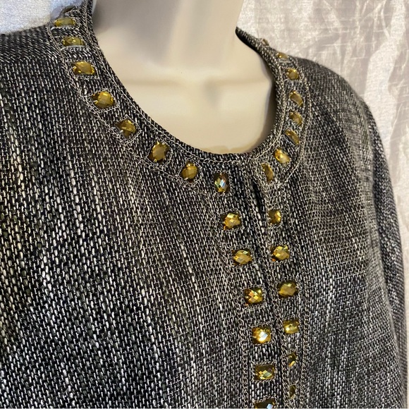 Chico’s tweed long jacket, SZ 3, XL hook closures,rhinestone embellishment, GUC - Picture 3 of 13